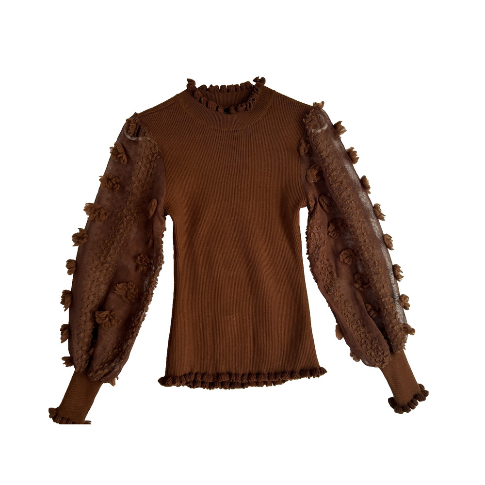 Almost Famous Y2K Ruffle Mock Neck Top S Brown Sheer Sleeve Knit Boho Stretch